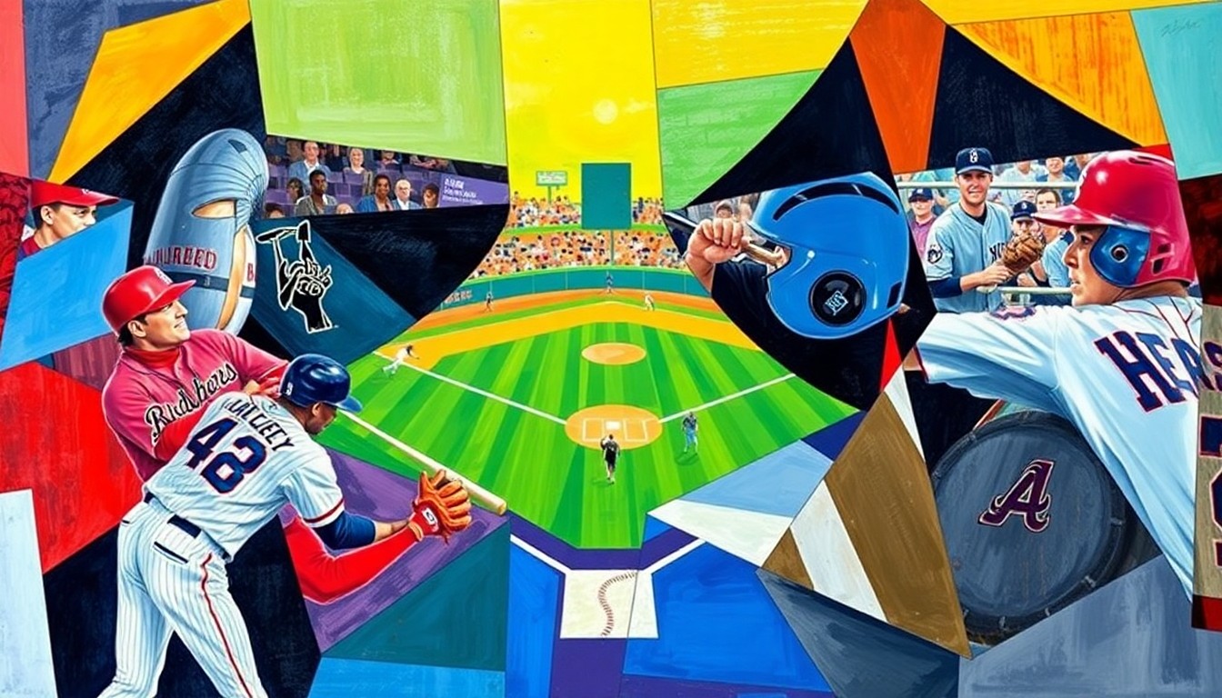 A cubist, geometric painting depicting a baseball game or match, with sharp, overlapping planes of color representing the teams involved, conveying the fragmented and disjointed nature of the Yankees' offensive struggles.