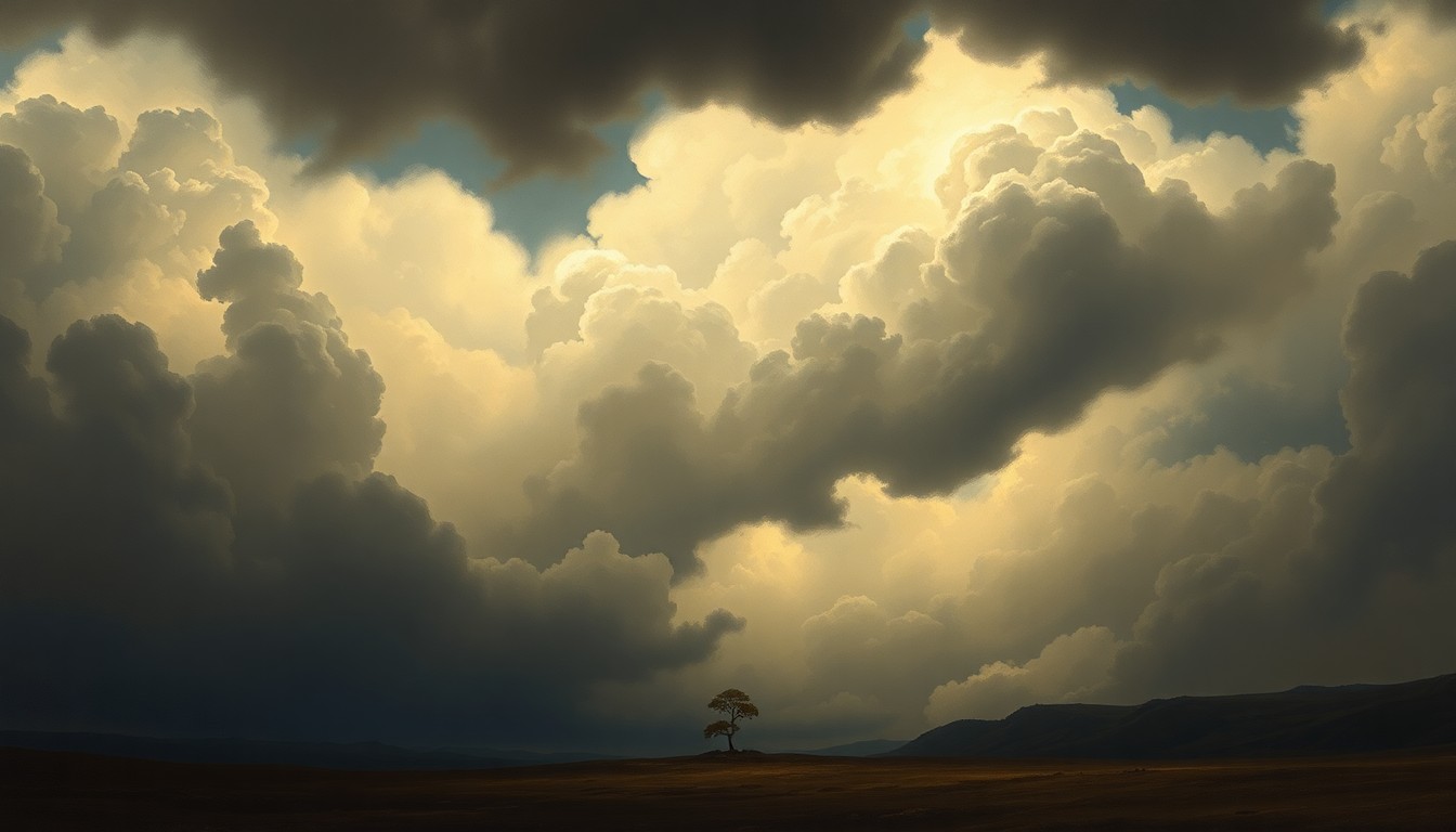A sweeping, atmospheric landscape painting in muted tones of grey, blue, and green, with a solitary tree or structure in the foreground dwarfed by the dramatic, stormy sky above, conveying the overwhelming power of nature.