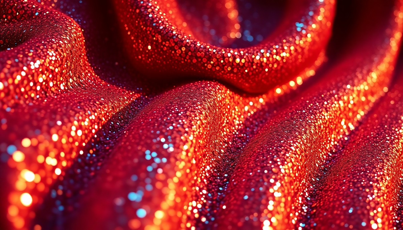 An abstract close-up photograph featuring shimmering, high-contrast textures like sequins and velvet, capturing the glamour and excitement of Reba McEntire's surprise performance of a new song at her Oklahoma restaurant.