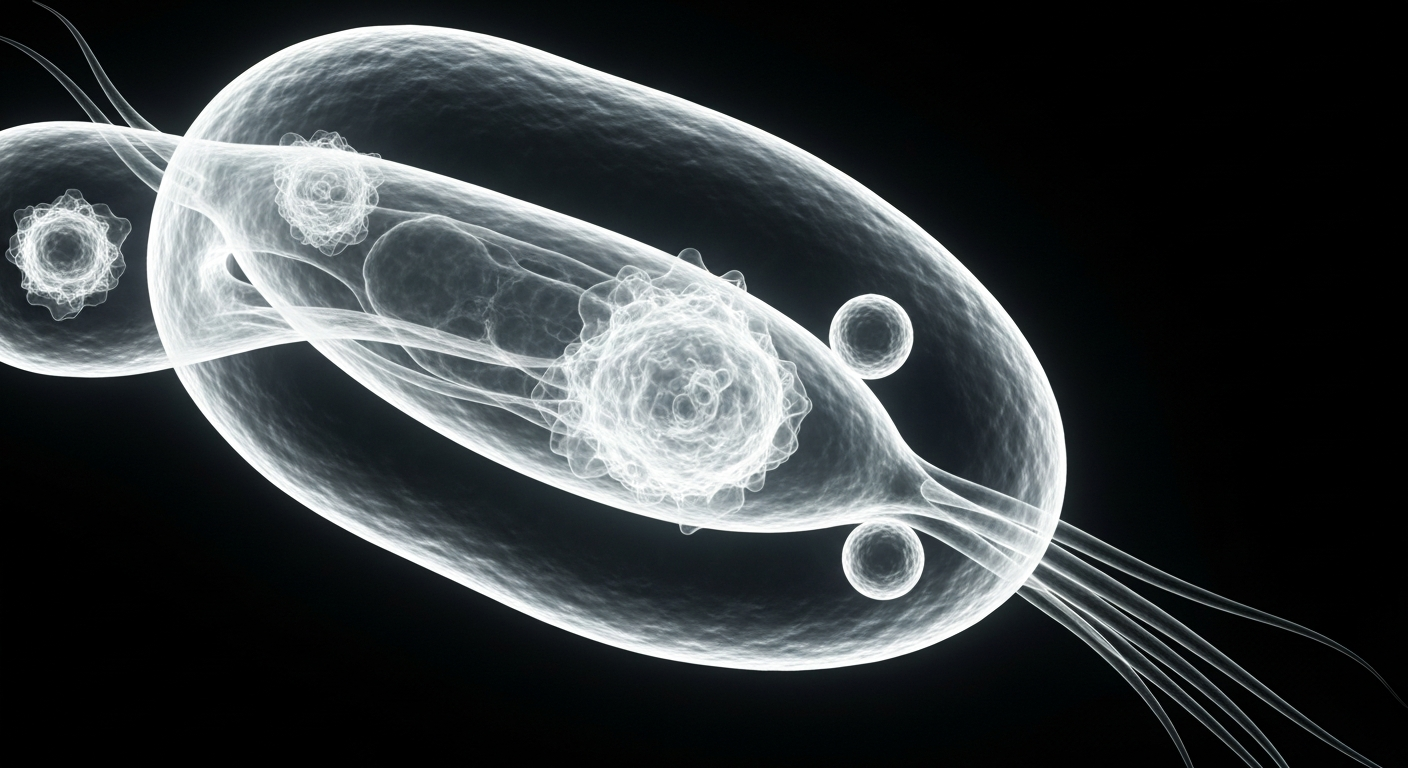 An extreme close-up X-ray image revealing the intricate internal structure of a harmful bacterium, conceptually representing the health risks posed by the contaminated floodwaters in Hawaii.