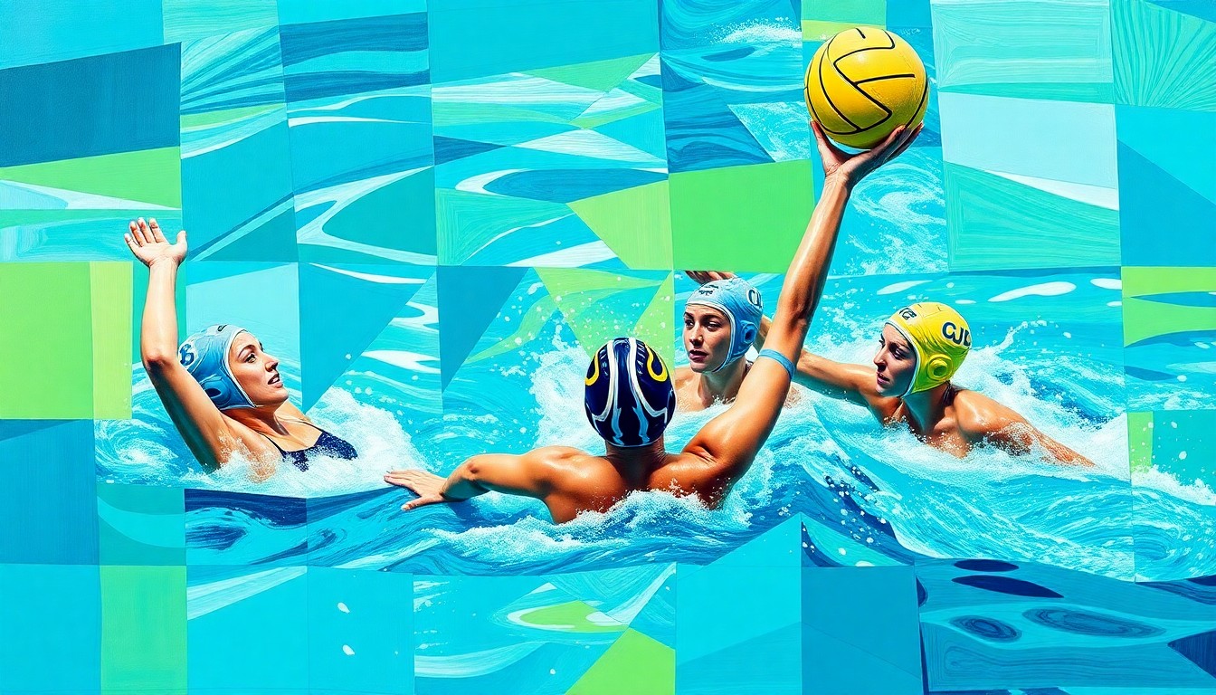 A cubist, geometric painting depicting the action and energy of a women's water polo match, with overlapping planes of turquoise, cerulean, and chartreuse colors representing the players, ball, and water.