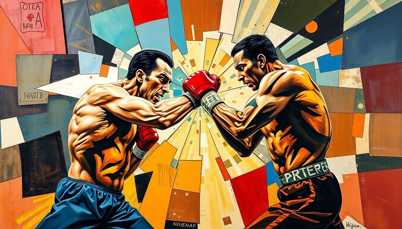 A cubist-style painting depicting a bare knuckle fighting match, with the figures and movements broken down into sharp, overlapping geometric shapes and planes of color, creating a sense of intense motion and impact.