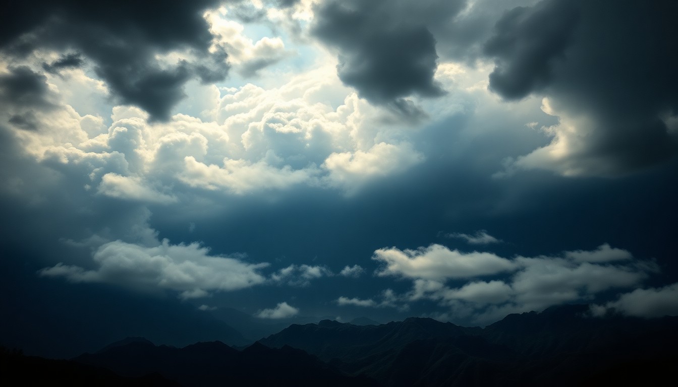 A vast, atmospheric landscape painting in muted tones of gray, blue, and green, depicting a sweeping scene of heavy storm clouds obscuring a Hawaiian mountain range. The dramatic, moody composition conveys the overwhelming, sublime scale of the natural forces at play, with any physical structures or landmarks dwarfed by the elemental power of the weather.