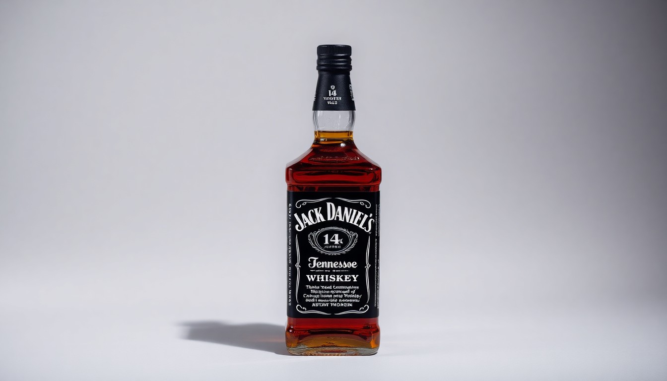 A photorealistic studio still-life photograph of a single bottle of 14-year-old Jack Daniel's Tennessee Whiskey, shot against a clean, monochromatic background with dramatic lighting and deep shadows to highlight the whiskey's mature, complex flavor profile.