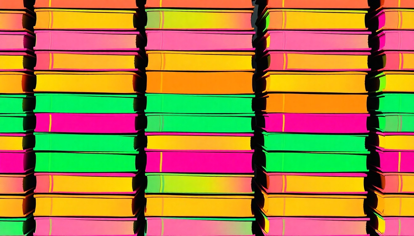 A brightly colored, high-contrast silkscreen print of a stack of textbooks repeated in a tight grid pattern, conceptually representing the funding challenges facing Wisconsin schools.