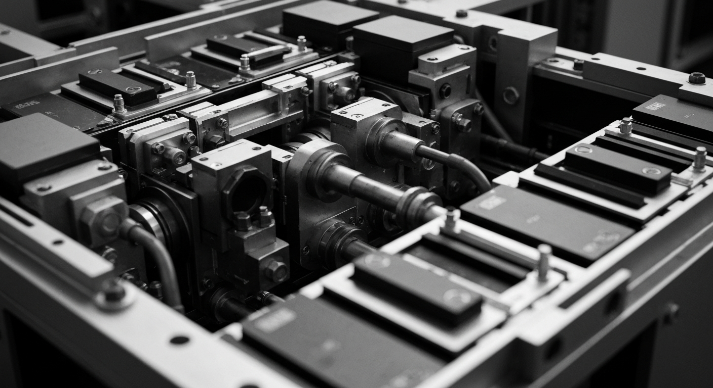 A high-contrast, black-and-white close-up image of the inner workings and machinery of an industrial battery production line, conveying a sense of scale, complexity, and precision in modern battery manufacturing.