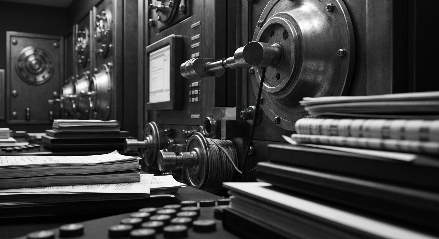 A high-contrast, close-up black and white photograph of the intricate gears, levers, and mechanisms of heavy industrial financial equipment, conveying a sense of the complex infrastructure underlying the health insurance market.