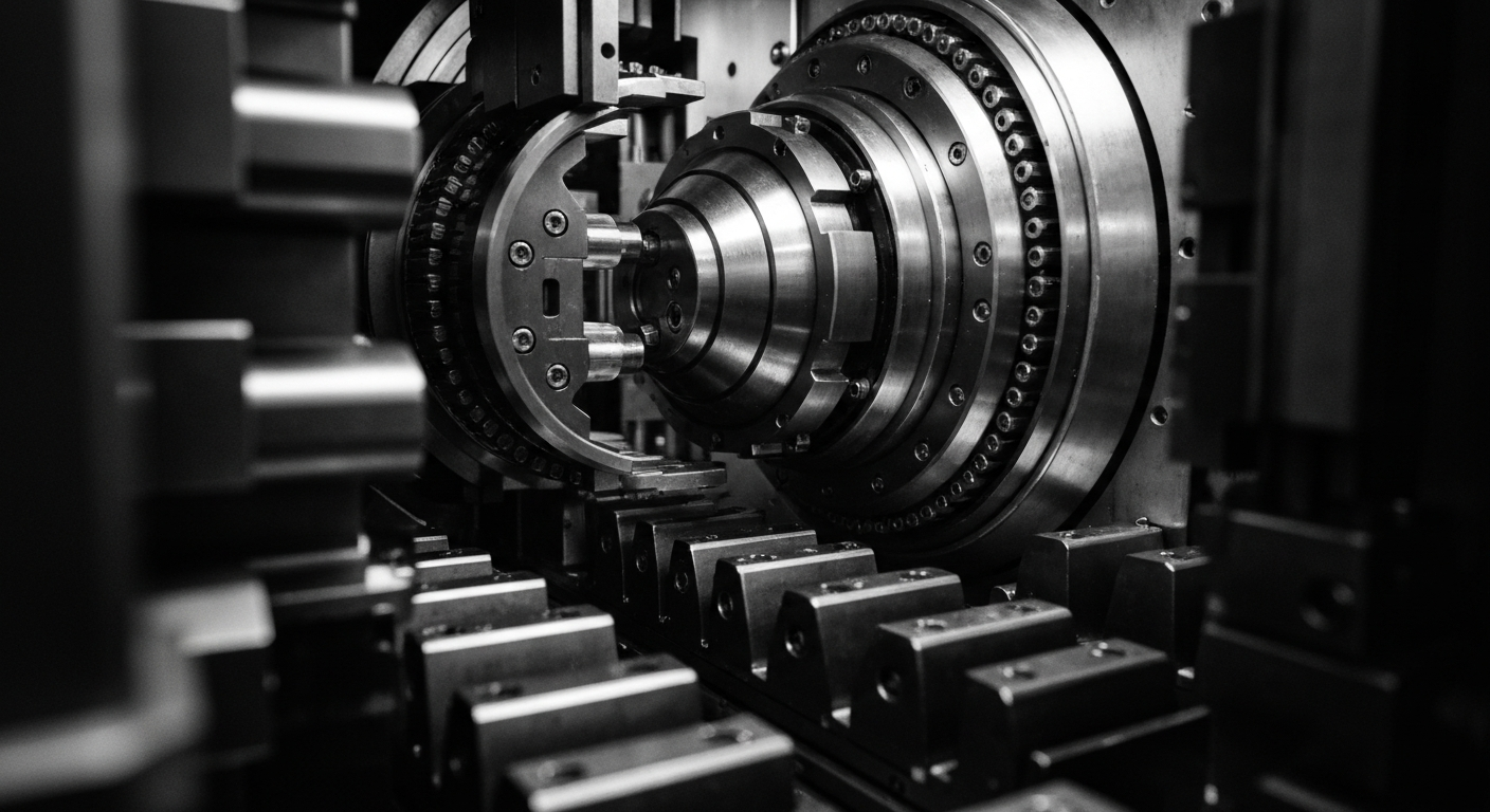 An extreme close-up of the gears, circuits, and metallic components of an industrial semiconductor manufacturing machine, captured in high-contrast black and white photography to convey a sense of the complex, powerful technology underlying the global electronics industry.