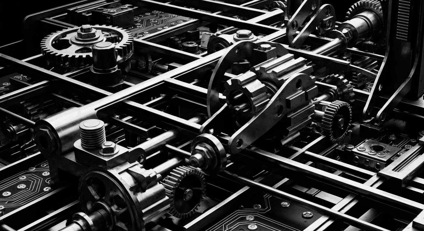 A high-contrast, cinematic close-up of the complex inner workings of a financial mechanism, such as gears, levers, or circuits, conveying the power and stability of the US equity market.