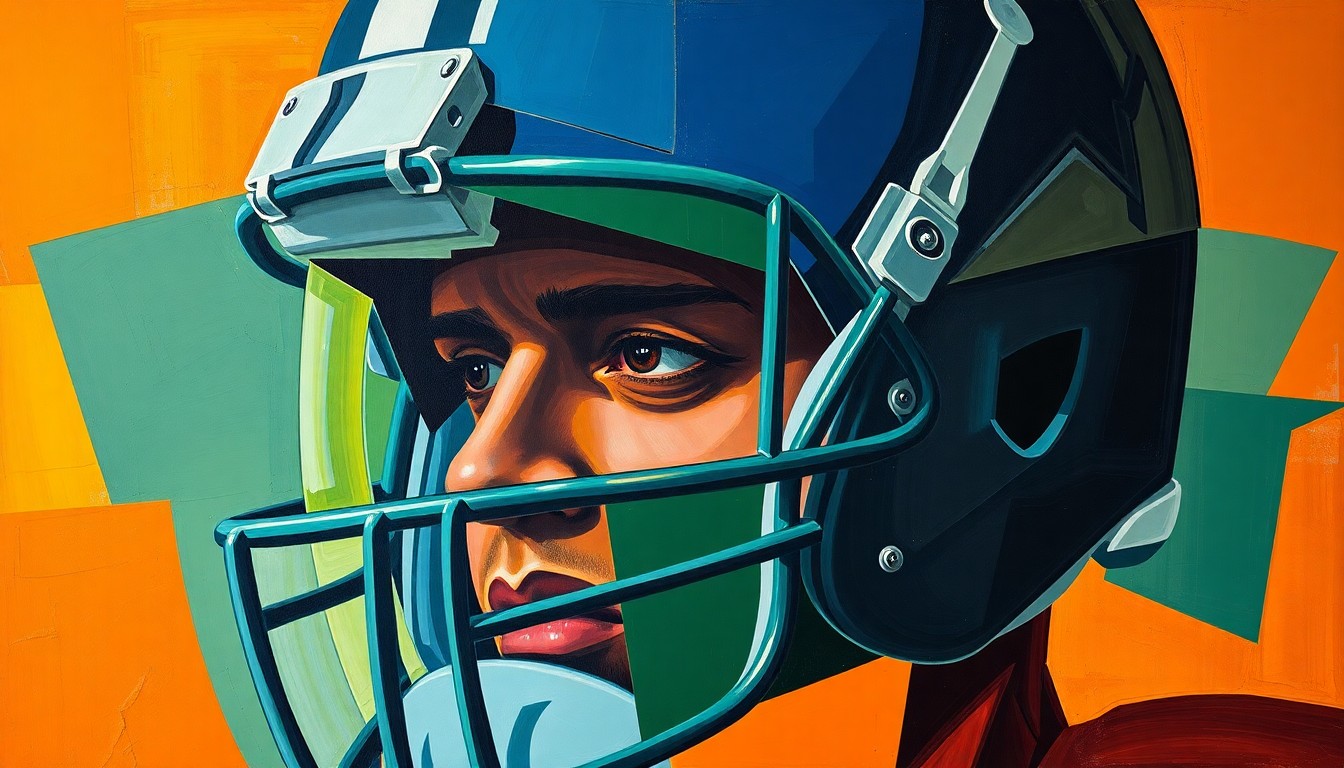 A cubist, geometric deconstruction of a football helmet, with sharp planes of navy, green, and orange overlapping to create an abstract, fragmented visual representation of protective headgear.