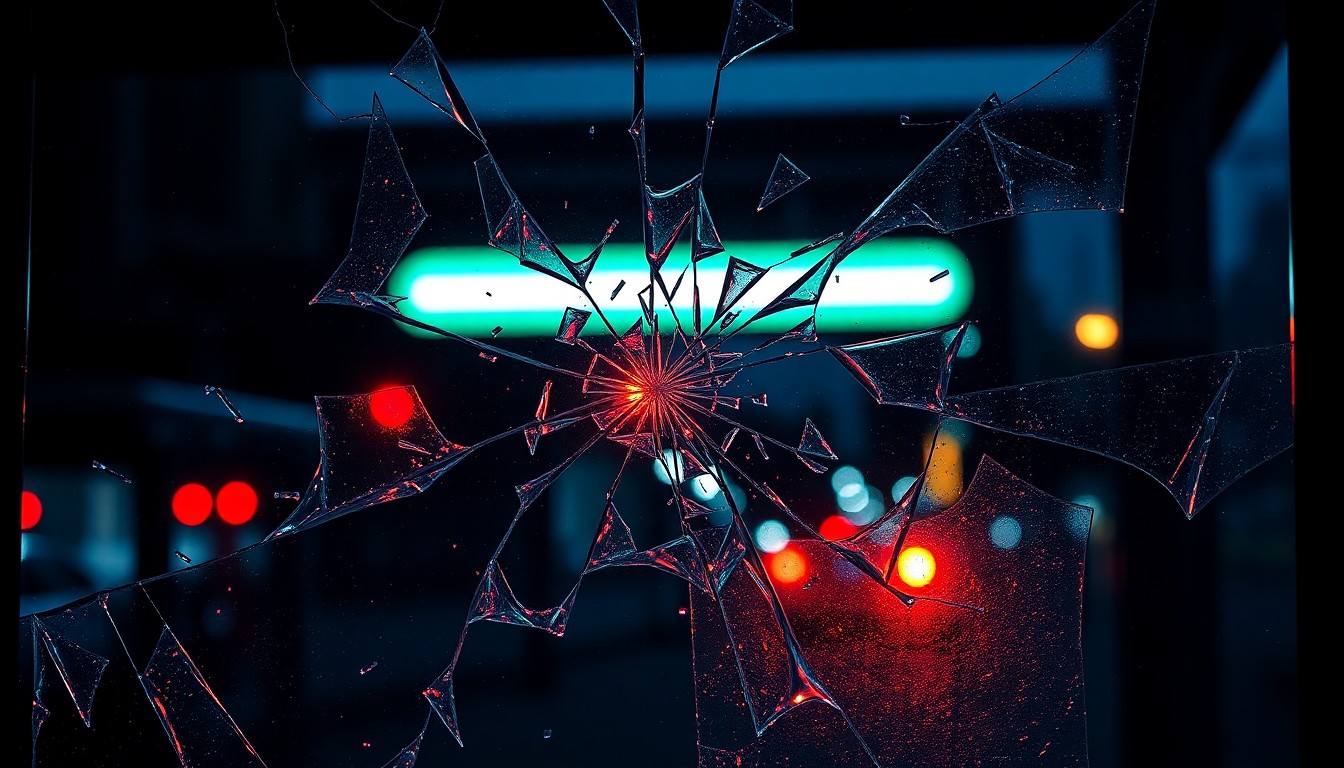 An extreme close-up photograph of shattered glass from a bus shelter window, the fragments reflecting a faint red light, conceptually representing the aftermath of a vehicle crashing into a public transit stop.