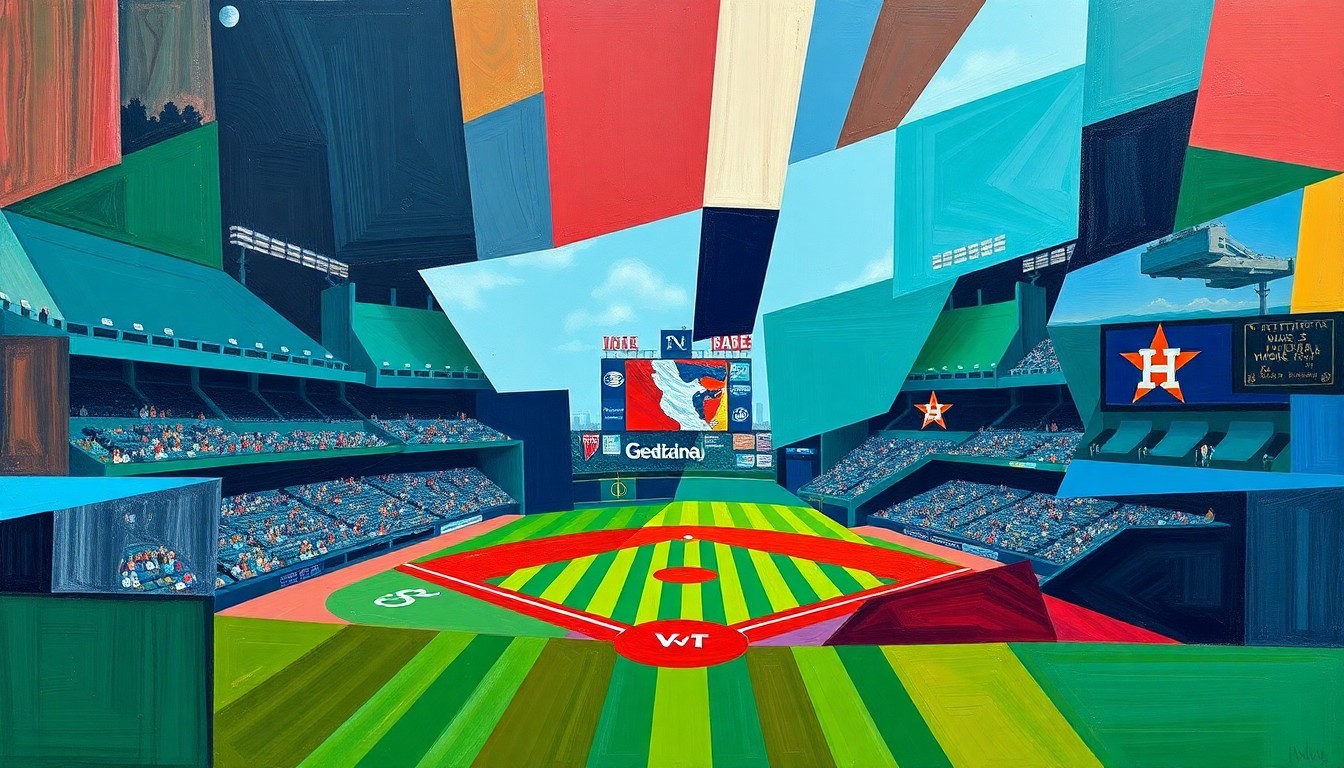 A fractured, geometric painting in vibrant blues, greens, and reds, depicting a baseball game between the Mariners and Astros broken down into overlapping planes, conveying the game's intensity and the teams' contrasting performances.