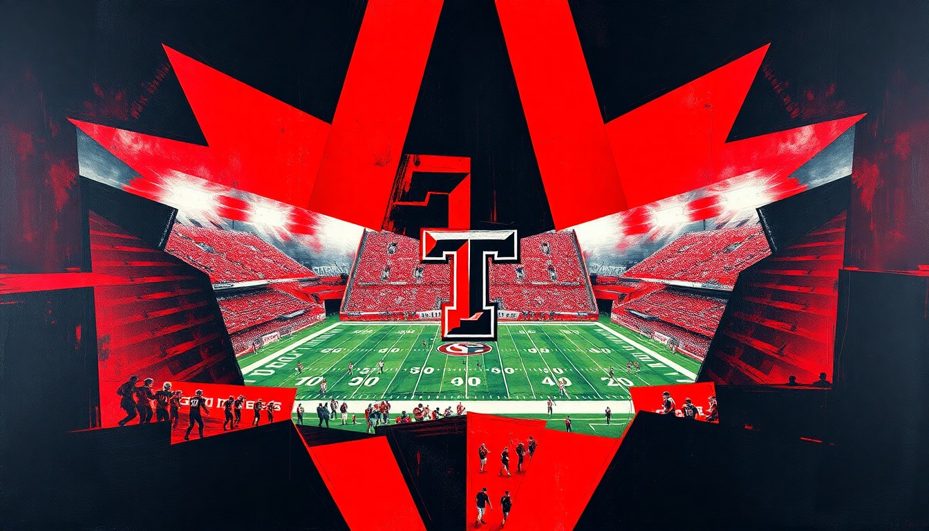 A cubist, geometric painting featuring overlapping planes of scarlet red and black, conceptually representing the complex, multi-faceted nature of college sports NIL deals and the financial support available to student-athletes.