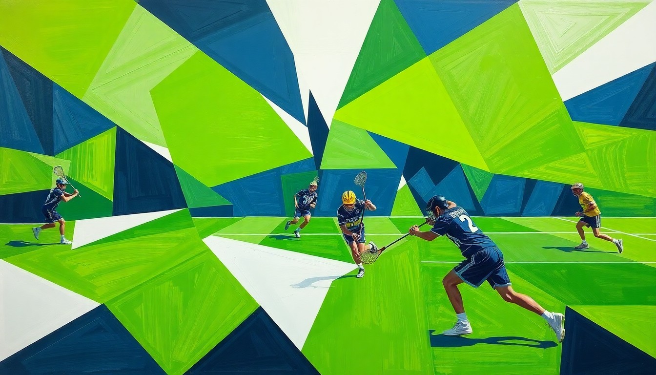 A fragmented, geometric painting depicting a boys lacrosse game, with the players and field broken down into sharp, overlapping planes of vibrant green, navy, and white.
