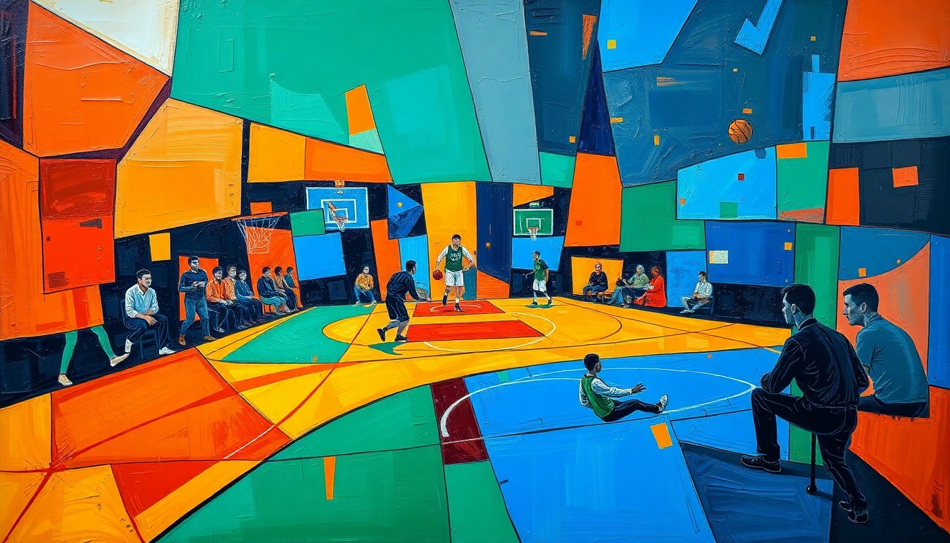 A fragmented, cubist-style painting depicting basketball players and coaches in dynamic, geometric shapes and vivid colors, conveying the energy and uncertainty of the Pelicans' coaching transition.