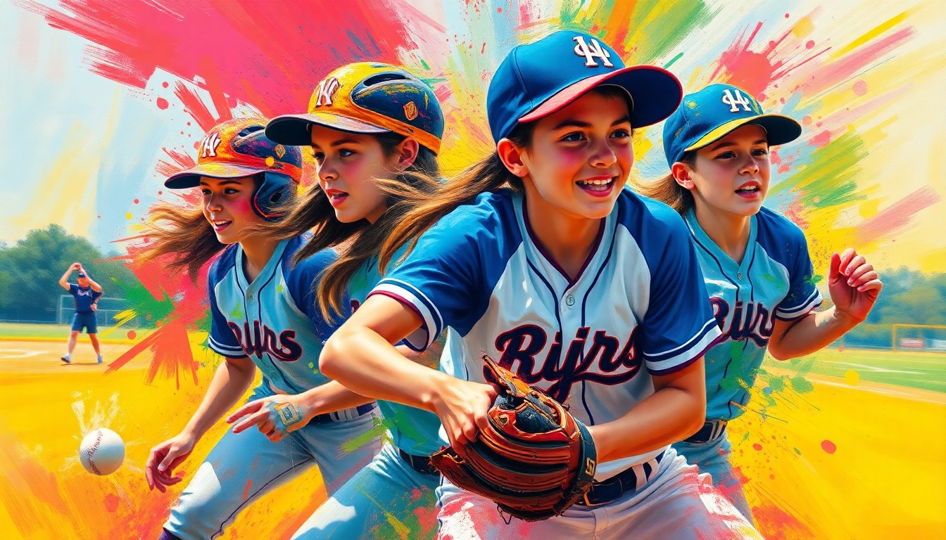 An abstract, energetic painting in neon colors depicting the motion and intensity of a high school softball game, with players' forms blending into the vibrant brushstrokes.