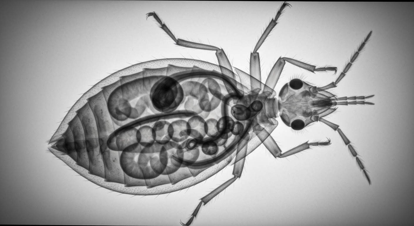 An extreme close-up X-ray photograph showing the translucent, ghostly internal structures of a bed bug against a dark background, conceptually illustrating the health risks posed by pest infestations in local establishments.