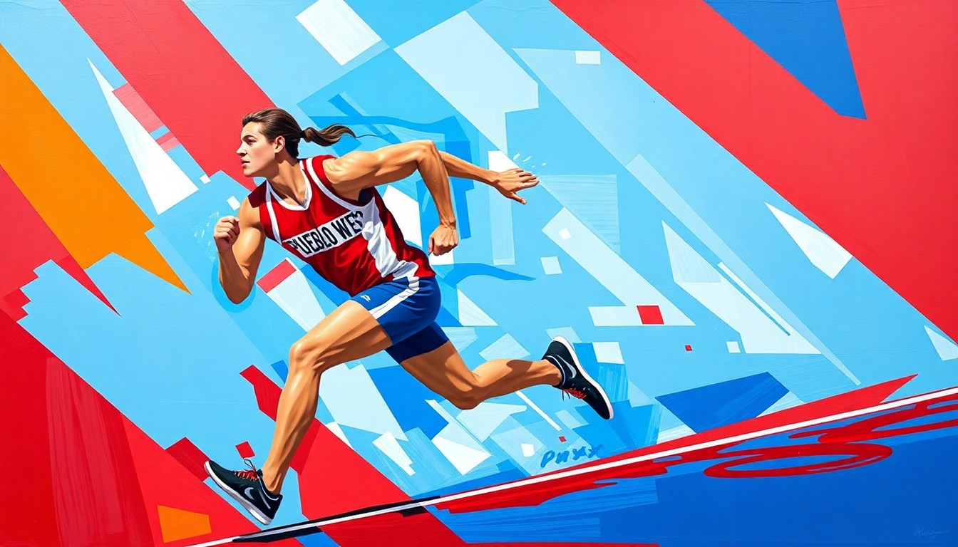 A cubist, geometric painting depicting a track and field athlete in motion, with sharp planes of red, white, and blue colors representing the Pueblo West team uniform.