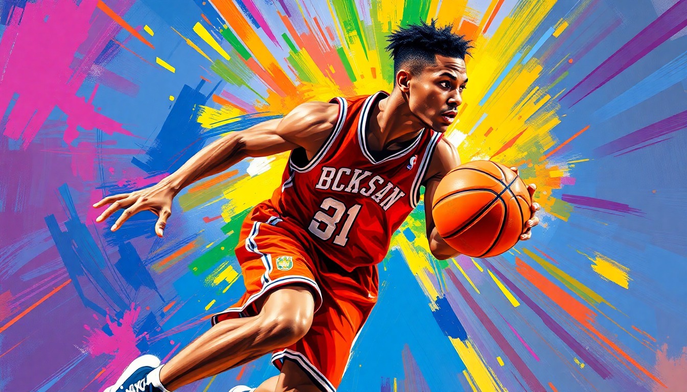 An abstract, expressionistic painting featuring vibrant neon brushstrokes in shades of blue, green, and orange, capturing the dynamic movement and energy of a high school basketball player in action.
