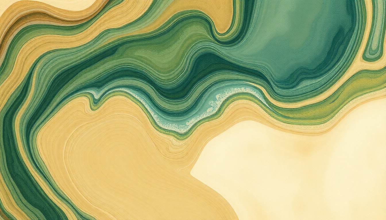 A highly textured, abstract painting in earthy tones of green, brown, and blue, featuring sweeping geometric arcs, intersecting waveforms, and precise botanical spirals, conceptually representing the complex interplay between coastal erosion, sand loss, and sea turtle nesting habitats.