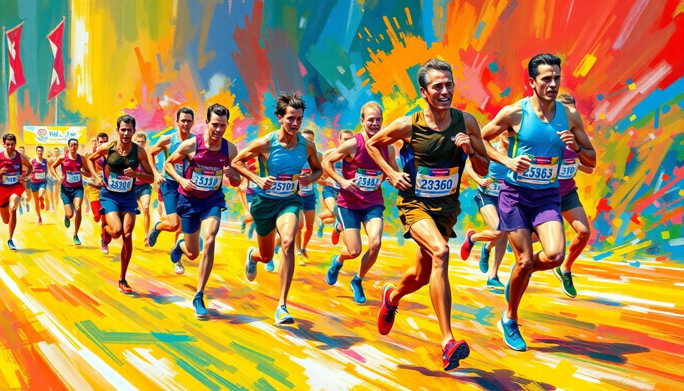 An abstract, energetic painting using bold, neon-like brushstrokes to depict the dynamic motion and intensity of marathon runners in competition.