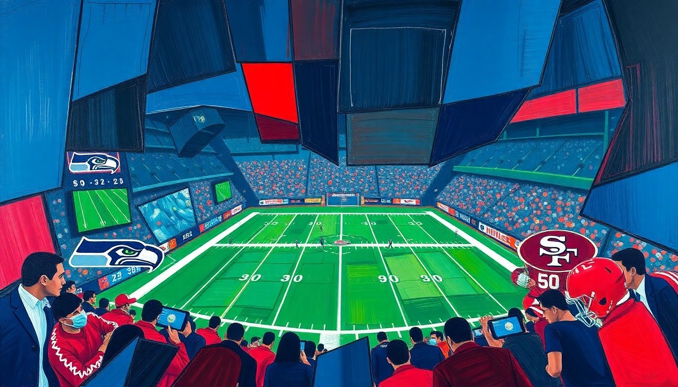 A cubist, geometric painting depicting a football game between the Seahawks and 49ers, with sharp, overlapping planes of navy blue, forest green, and crimson red representing the players and action on the field.