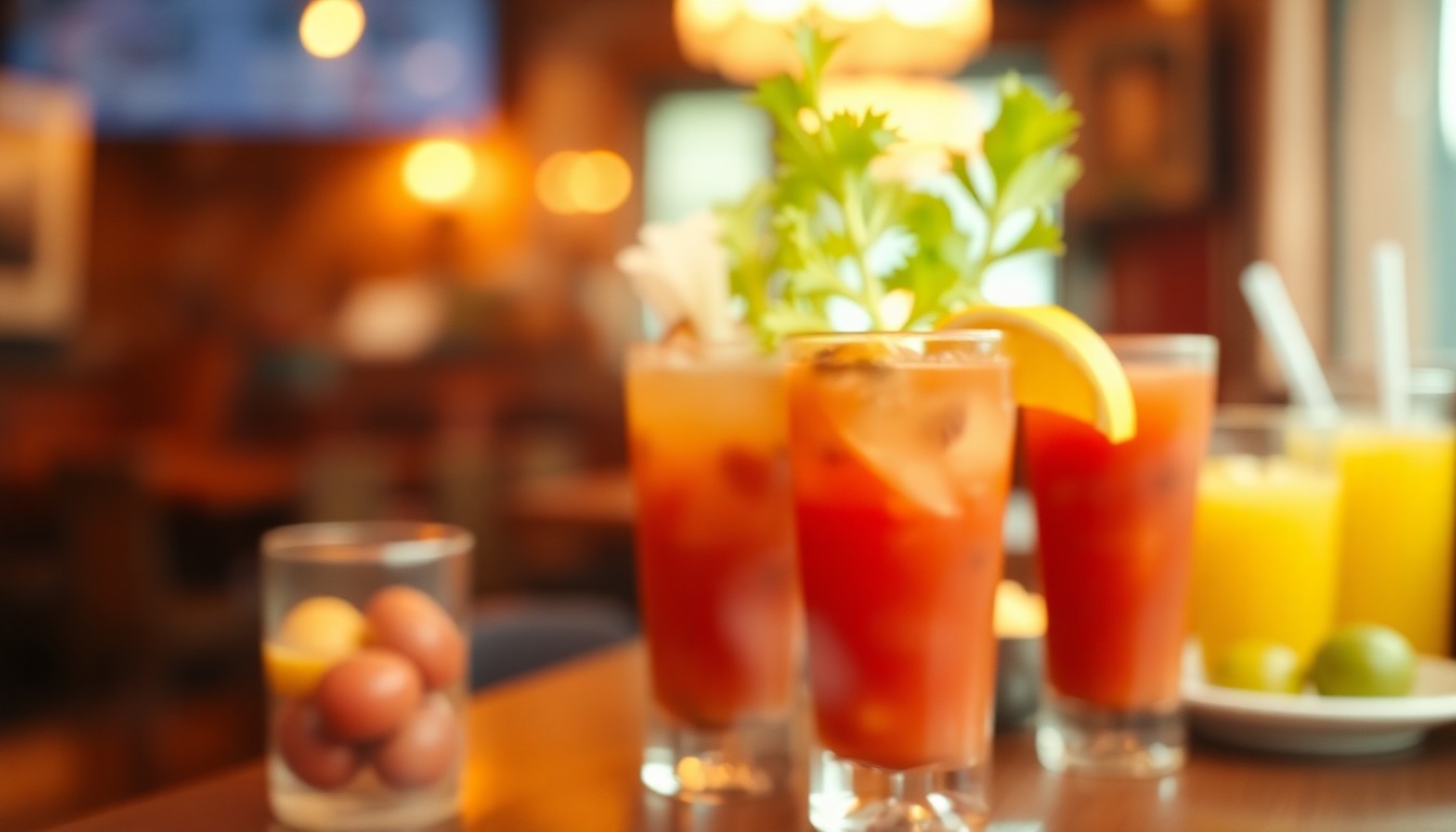 An extremely blurred, impressionistic photograph of a bloody mary cocktail with celery, olives, and lemon garnishes, conveying the cozy, indulgent atmosphere of a local brunch spot.
