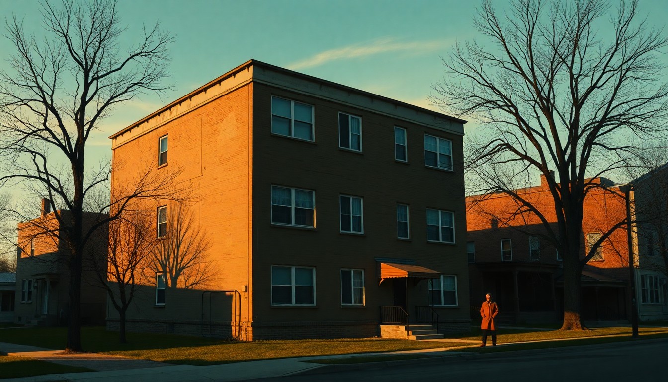 A cinematic painting in warm tones depicting a solitary four-flat apartment building, conceptually representing the potential changes to Oak Park's residential landscape under Pritzker's housing proposal.