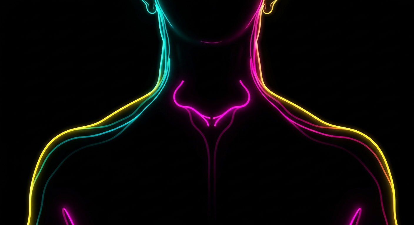 A glowing neon outline of a human upper back and neck, with a prominent fatty bulge at the base of the neck, conceptually representing the 'buffalo hump' condition.