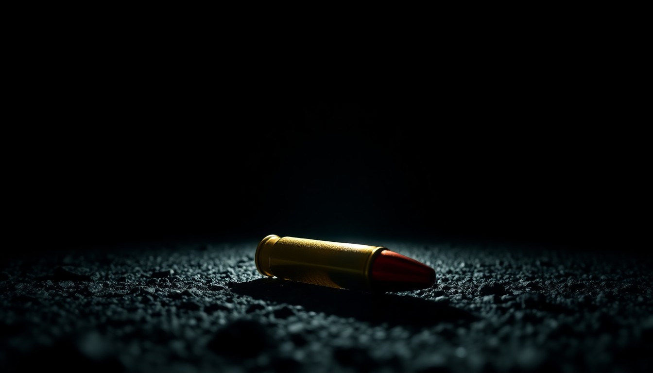 An extreme close-up photograph of a spent bullet casing on asphalt, lit by a harsh, direct camera flash against a pitch-black background, conveying the serious, investigative nature of this tragic crime.