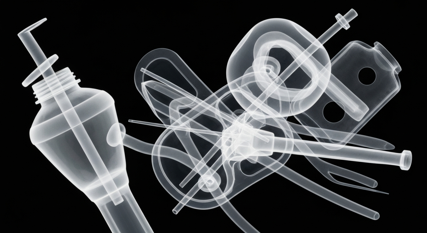 An extreme close-up X-ray photograph revealing the intricate internal structures of various medical and surgical supplies, conceptually representing the increasing costs of these items for Medicaid services in Oak Brook.