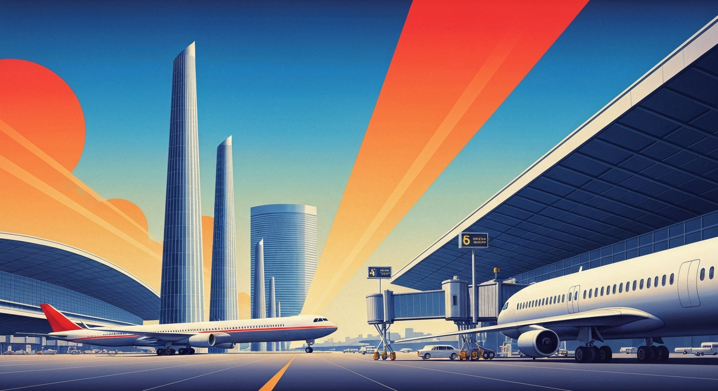 A highly stylized, geometric illustration depicting the sweeping, streamlined forms of an airport terminal or aircraft in shades of blue, gray, and silver, capturing the bold, monumental design of SWISS' new Senses business class experience.