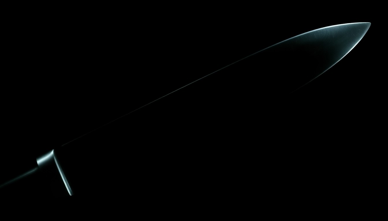 An extreme close-up photograph of a single knife blade against a pitch-black background, lit by a harsh, direct camera flash, creating a stark, gritty, investigative aesthetic.