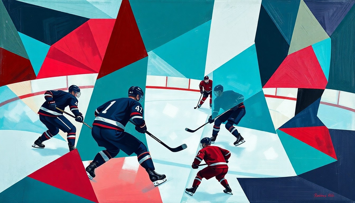 A fragmented, geometric painting in shades of teal, navy, and crimson, depicting the angular, overlapping forms of hockey players in motion, conveying the raw energy and disappointment of the Ducks' narrow defeat.
