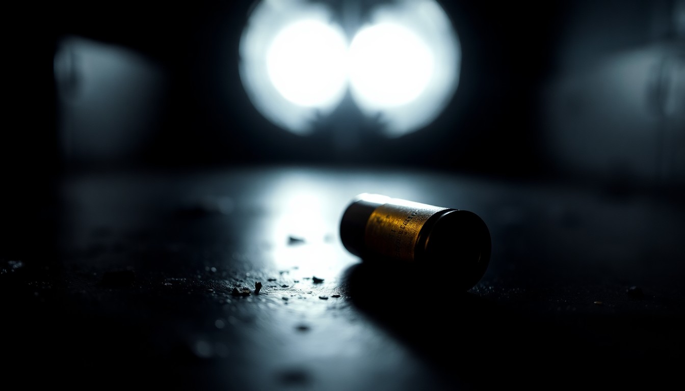 An extreme close-up photograph of a single spent shell casing on a dark surface, capturing the gritty details and stark lighting to conceptually illustrate the investigation into a shooting incident.