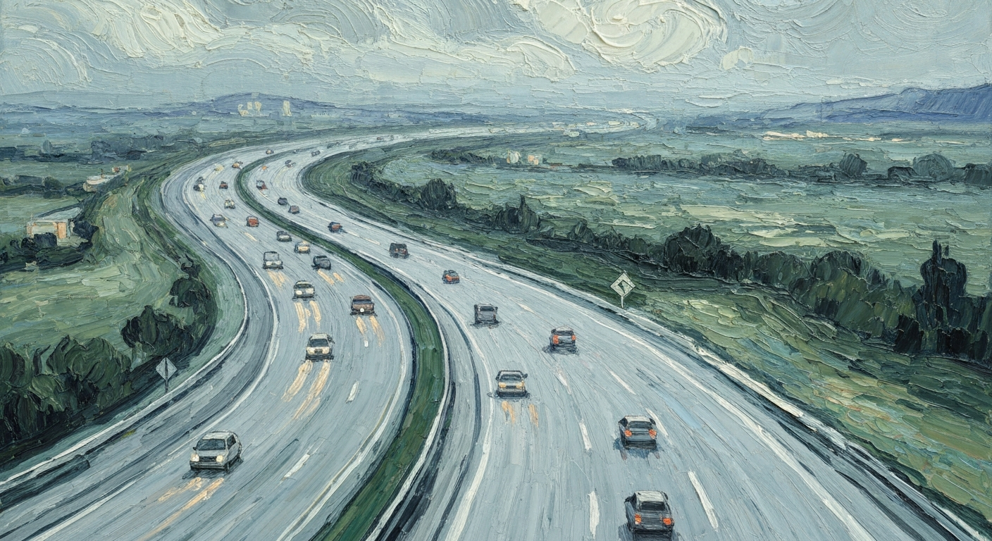 A heavily textured oil painting in muted tones depicts a winding highway cutting through a hazy, dreamlike landscape, conceptually representing the disruption caused by a highway closure.