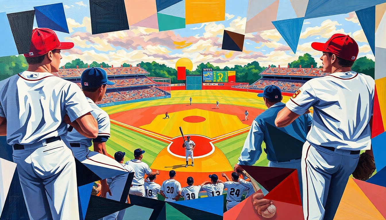 A fractured, geometric painting depicting a high school baseball game, with sharp overlapping planes of color representing the players, field, and equipment, conveying the dynamic energy of the sport.