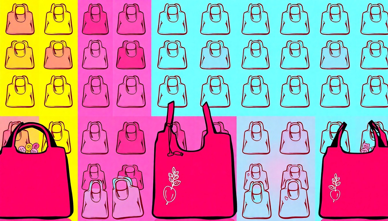 A highly stylized, silkscreen-inspired illustration of a reusable grocery bag in a repeating grid pattern, using bold, neon-bright colors and heavy black outlines to capture the celebratory spirit of a community-focused retail milestone.