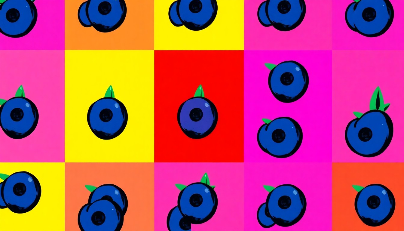 A vibrant, high-contrast silkscreen print featuring a grid of stylized blueberries in neon shades of blue, purple, and pink, conceptually representing the joyful energy and local flavor of Keel Farms' 50th anniversary celebration.