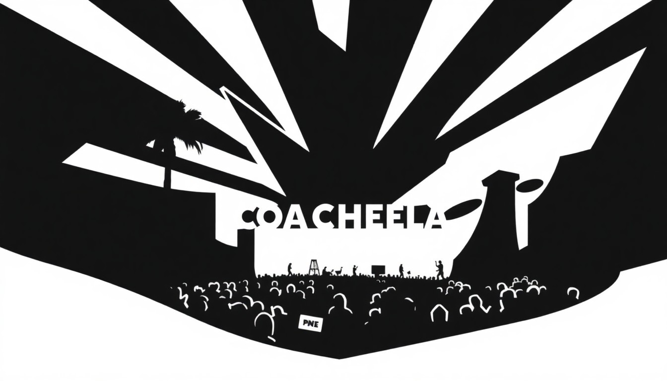 An abstract, minimalist illustration using bold, jagged black silhouettes against a stark white background, capturing the energy and excitement of a major music festival like Coachella.