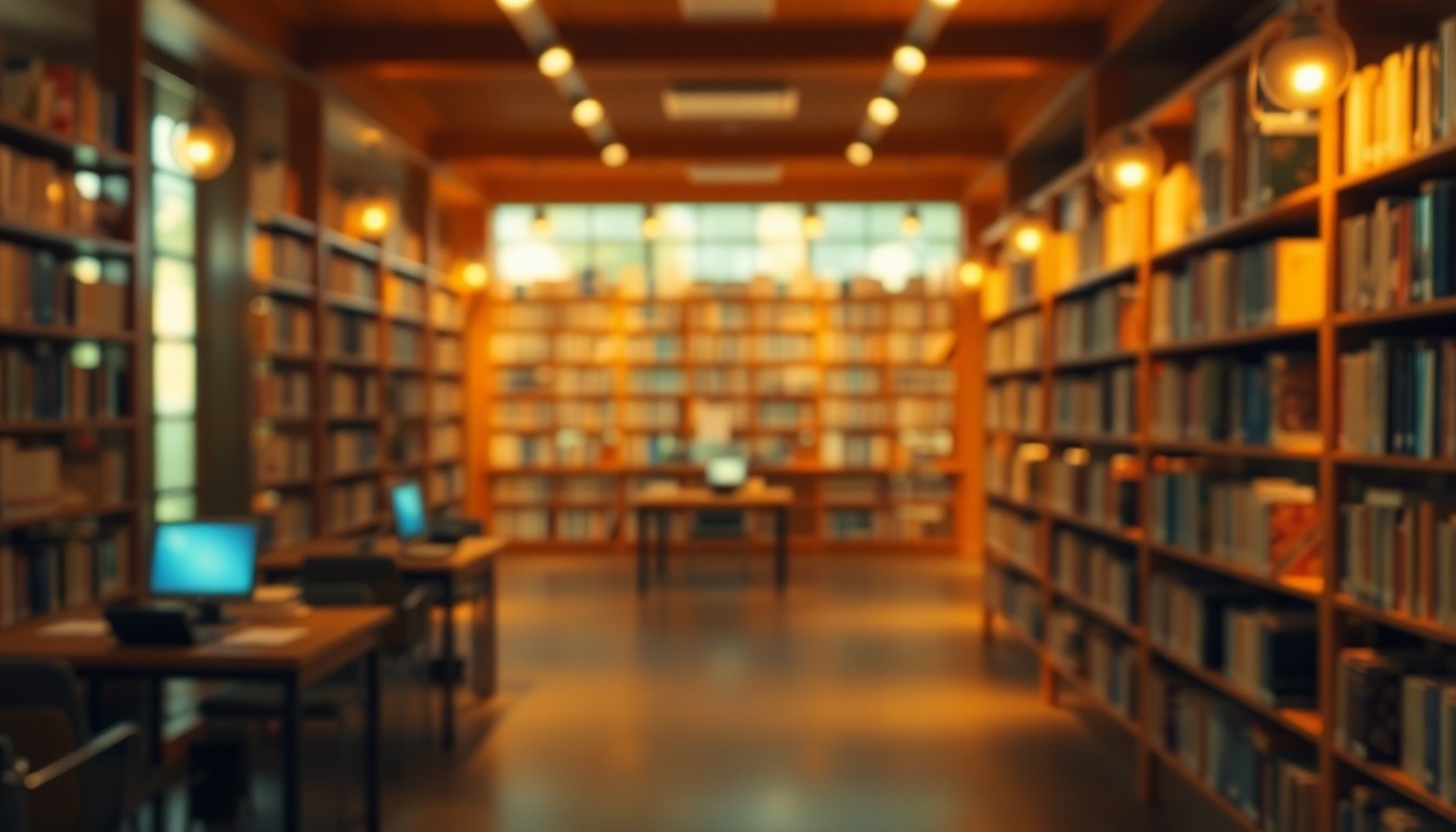 An abstract, impressionistic scene of blurred, overlapping shapes in warm, earthy tones, evoking the cozy, welcoming atmosphere of a library filled with books and technology.
