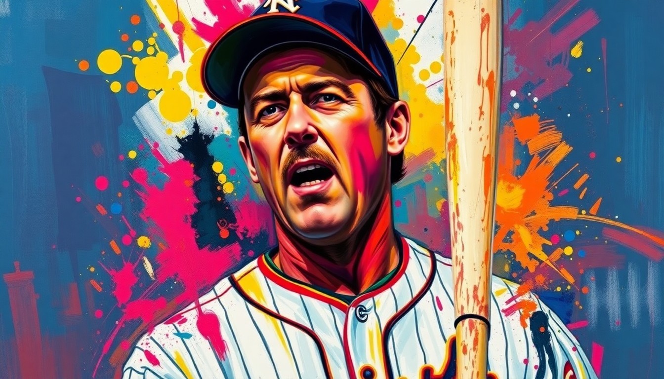 An abstract, expressionist painting featuring bold, energetic brushstrokes in neon colors, capturing the spirit and energy of Phil Garner's baseball career.