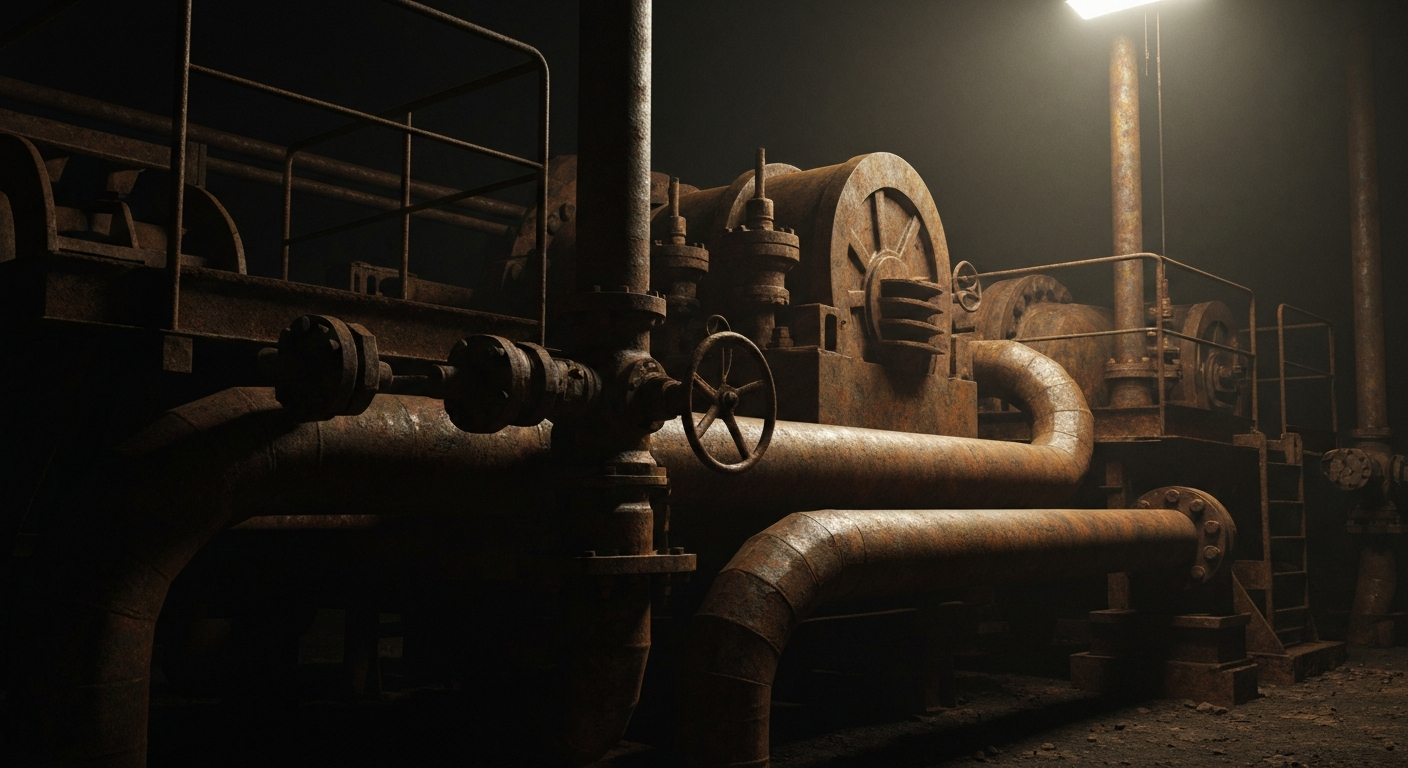An extreme close-up of a complex network of heavy, industrial pipes and machinery, representing the vital global oil transit infrastructure that is under threat of disruption.