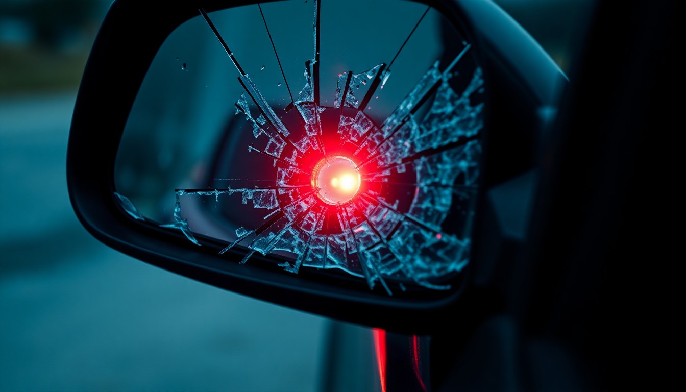 An extreme close-up photograph of a shattered car side mirror reflecting a faint red light, conceptually representing the aftermath of a stalking incident.