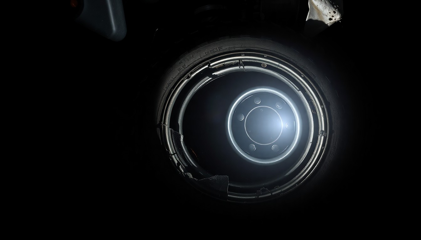 An extreme close-up photograph of a damaged ATV wheel rim and tire, the metal and rubber surfaces heavily textured and reflecting the harsh flash of the camera, conceptually illustrating the aftermath of a fatal ATV accident.