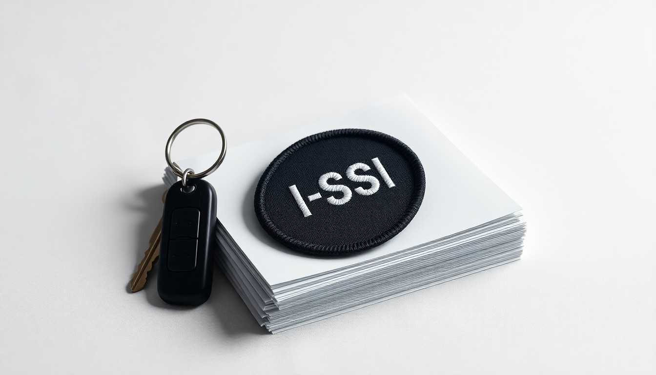 A high-end, photorealistic studio still-life photograph featuring a delivery van key, a delivery driver's uniform patch, and a stack of delivery manifests arranged elegantly on a clean, monochromatic background, conceptually representing the abstract corporate control and labor issues at the heart of the story.