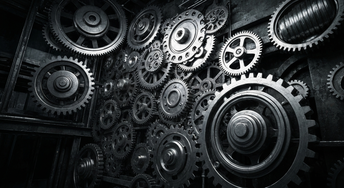 An extreme close-up of heavy, industrial banking machinery and components, dramatically lit against a dark background to represent the complex financial systems being transformed by the rise of forecasting platforms.