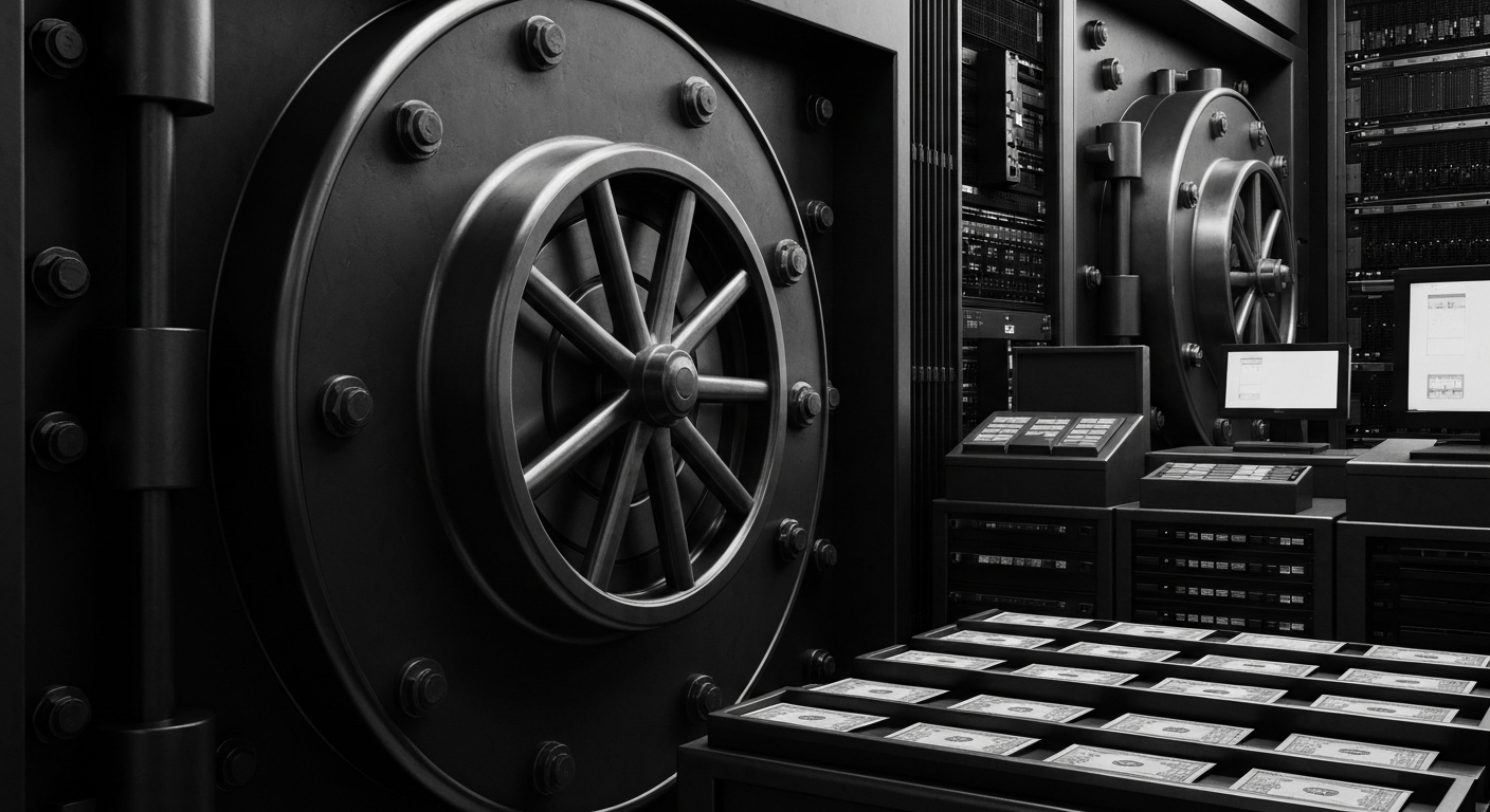 A high-contrast, close-up image of heavy banking machinery and equipment, representing the tangible infrastructure and mechanics of the financial industry.