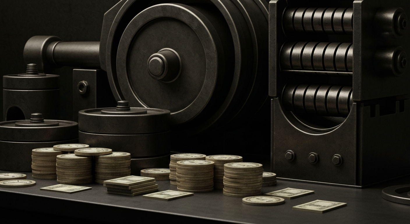 An extreme close-up of various metal gears, levers, and mechanisms that are part of a large, industrial banking machine, conveying a sense of the complex financial infrastructure underlying the banking sector.
