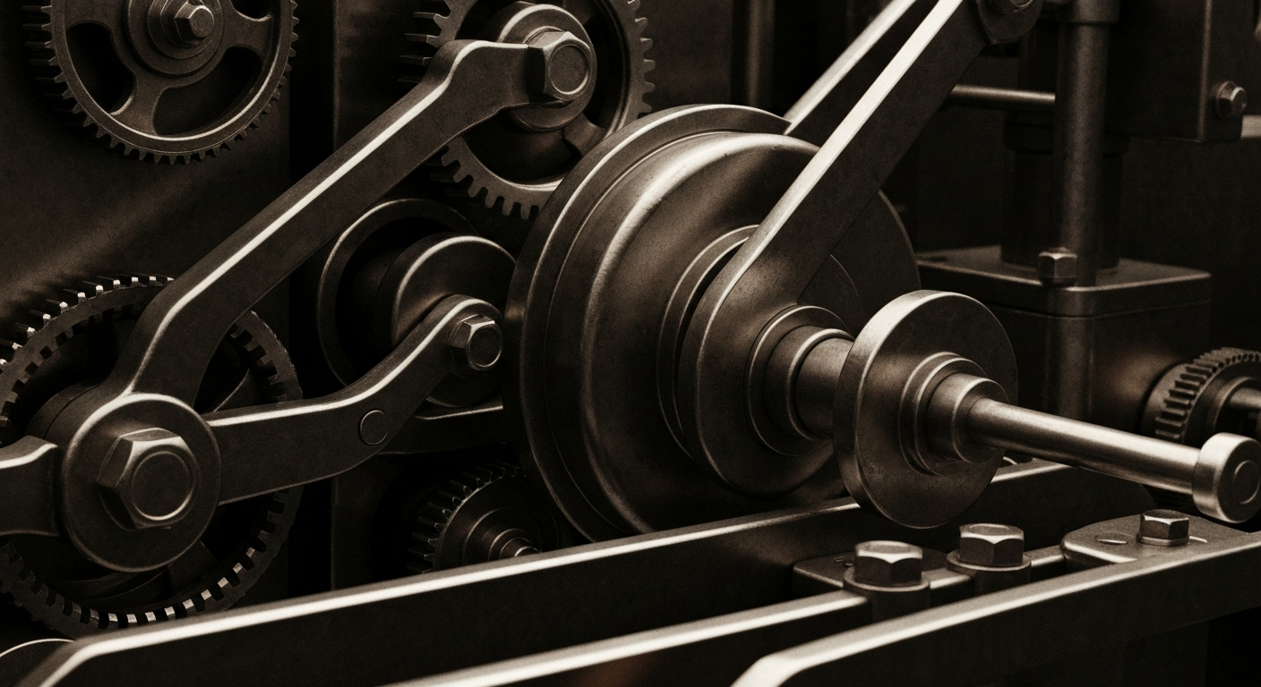 An extreme close-up of intricate, industrial-looking banking machinery and components, conveying the tangible power and security of financial institutions.